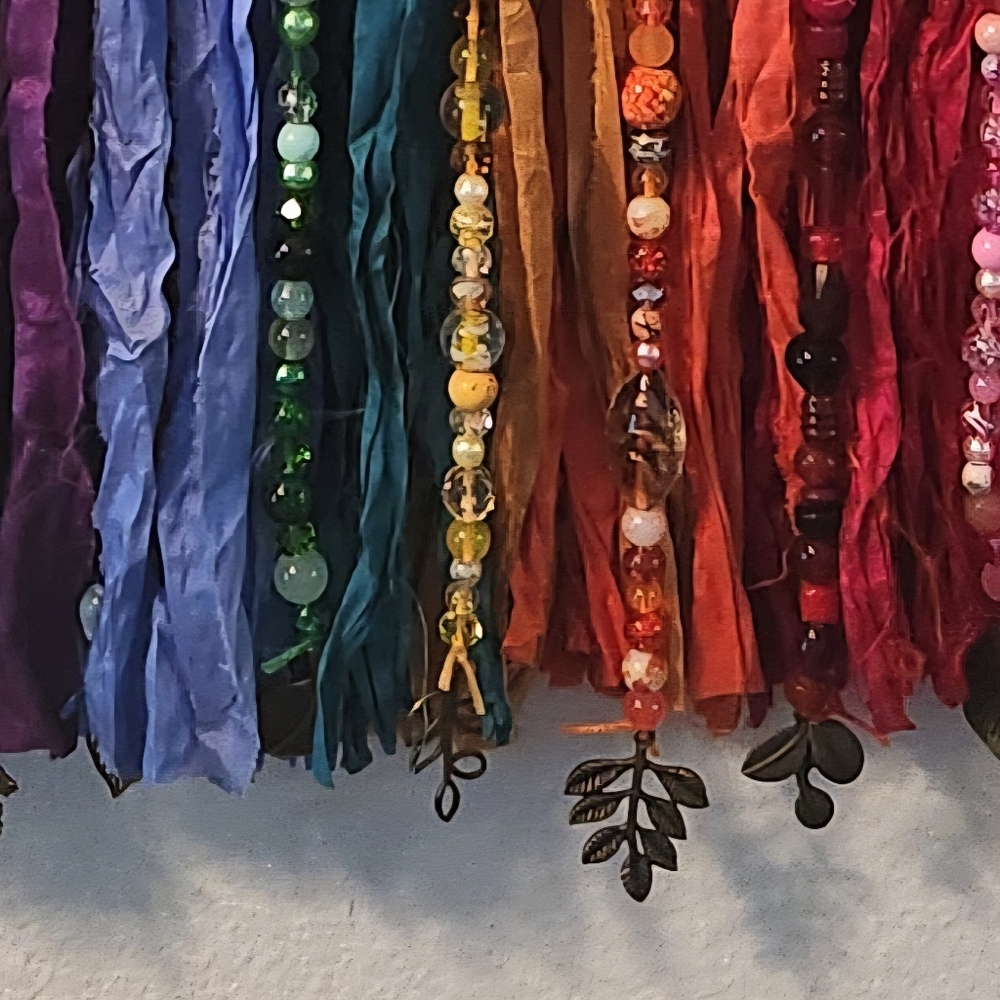 Boho Sari Silk Ribbon and Glass Bead Wall Hanging - Picture 3 of 5